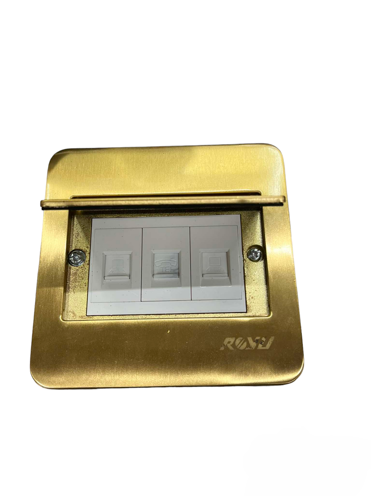 Royu Floor Outlet TEL and 2 LAN Outlet with gold metal cover and white ports for connectivity