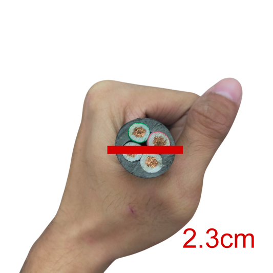 Hand holding a cross-section of 14mm 4 core royal cord wire with visible copper cores and insulation
