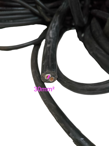 Black electrical cable labeled Royal Cord 30mm 2 Core - 60 Meters showing copper wire core