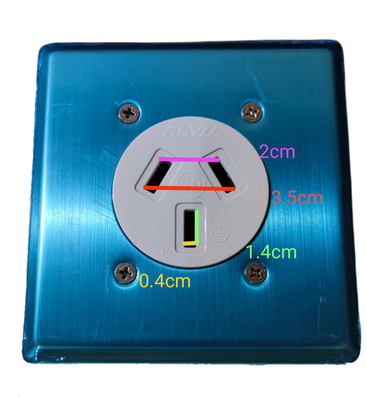 Electx industrial 30A power outlet mounted on blue metal plate with screw fixtures