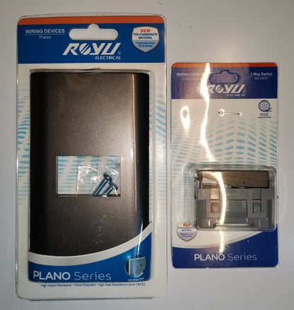 Royu 1 Way Switch with Plate Dark Gray 16A 250V packaged with dark gray wall plate and screws