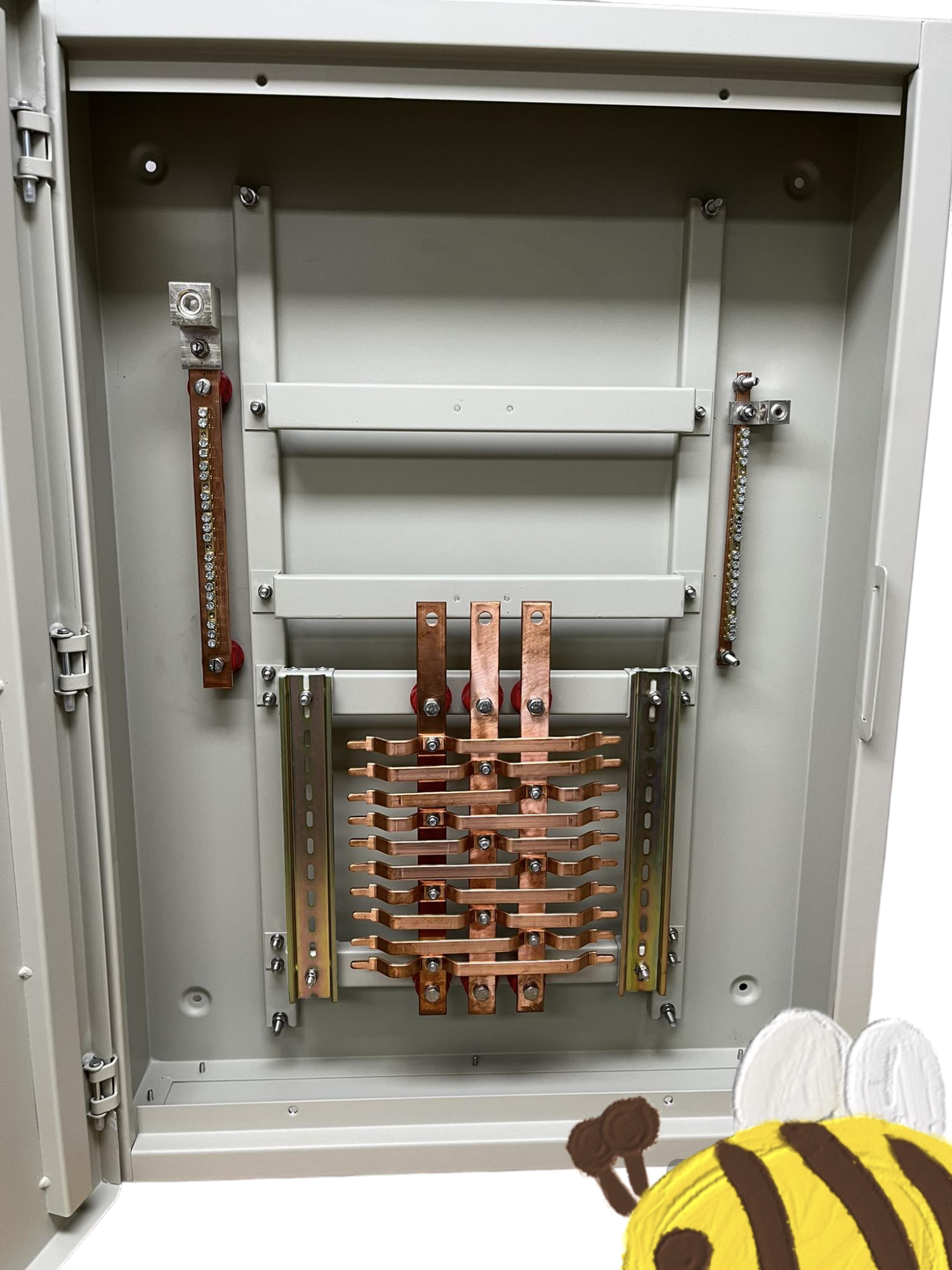 Panel Board 250A 3 Pole MCCB Main with copper busbars inside gray electrical enclosure by Schneider and Royu