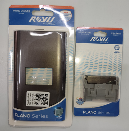 Royu 1 gang 3 way switch and matching plate from Plano Series in original packaging