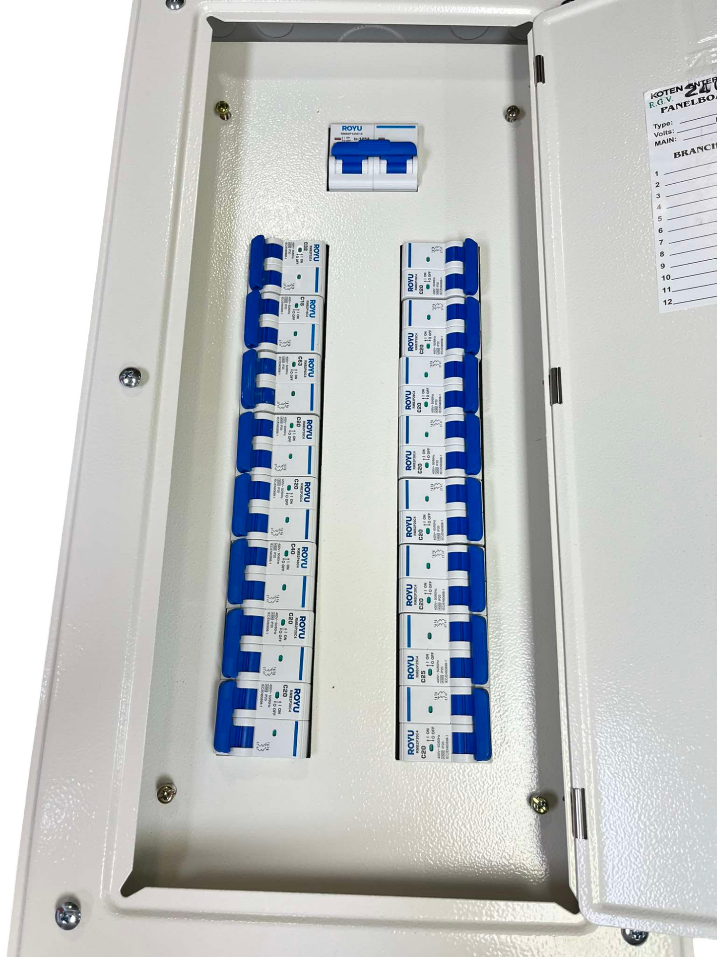 Royu & Koten 125A panel board 2 pole electrical circuit breaker panel with blue and white switches