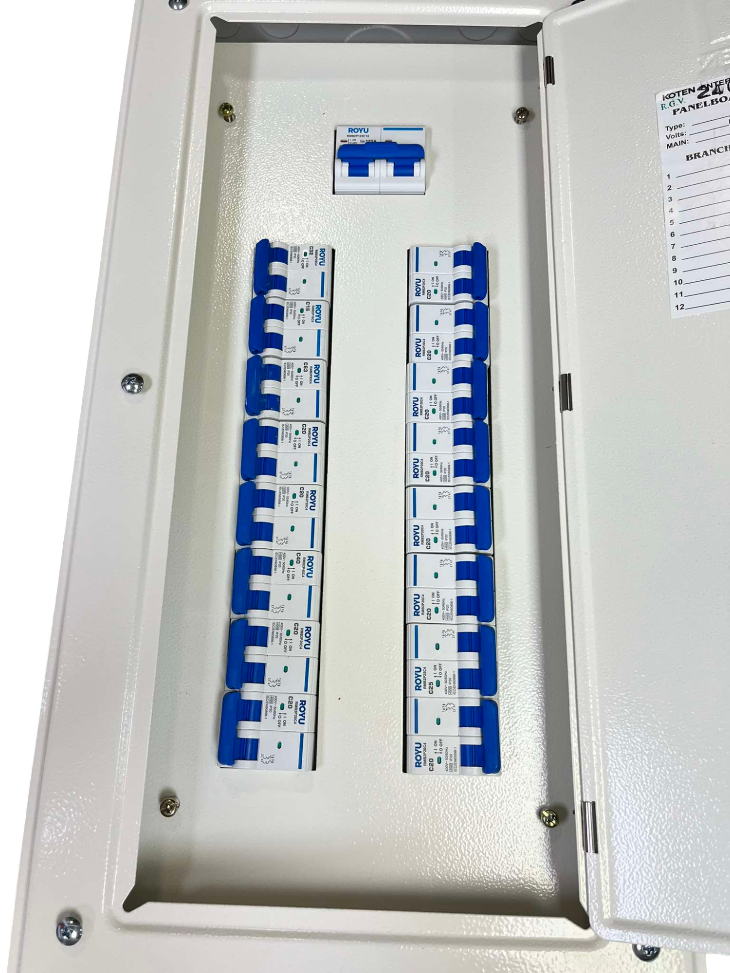 Royu & Koten 125A panel board 2 pole electrical circuit breaker panel with blue and white switches