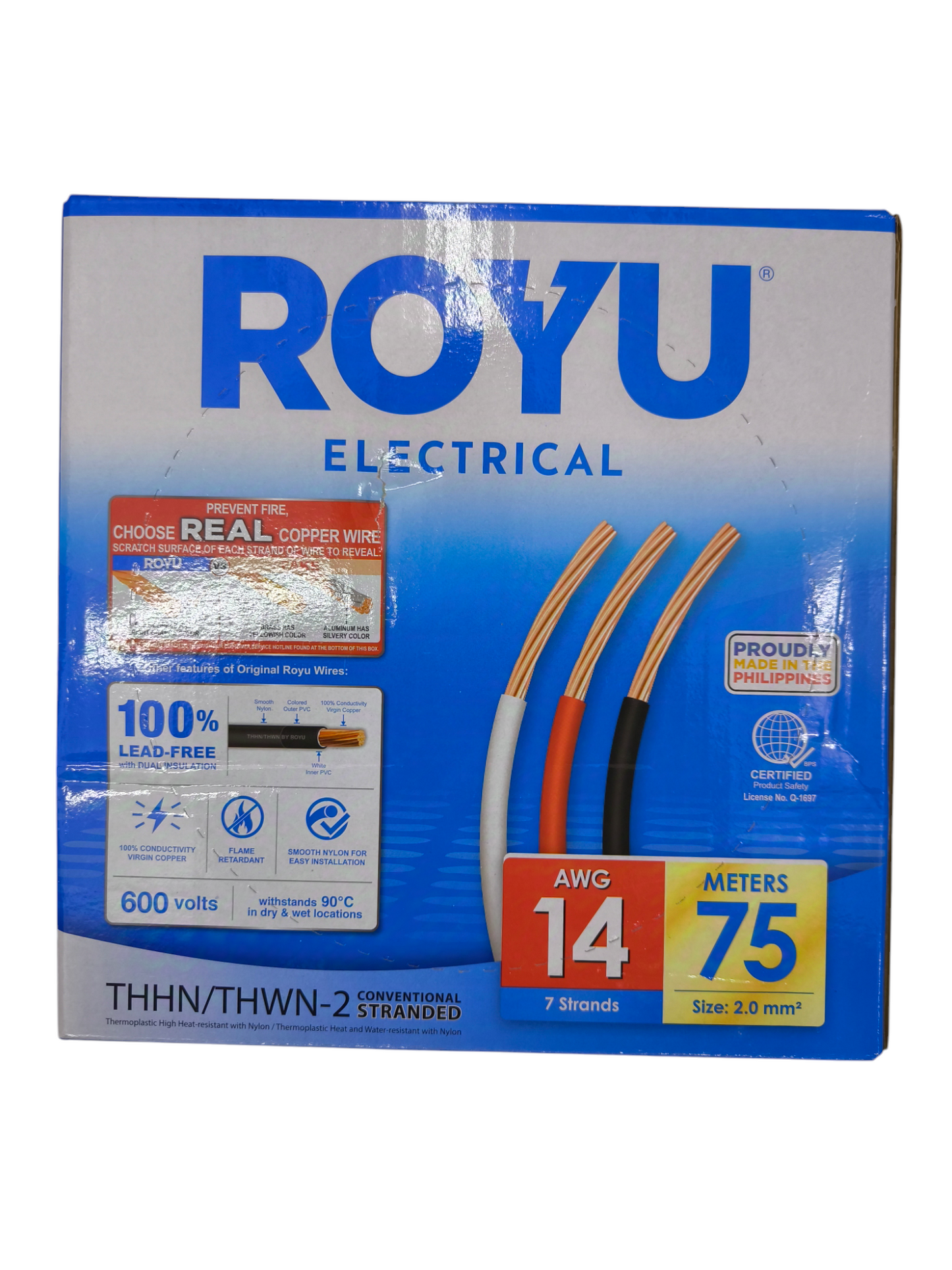 Royu 2.0mm stranded wire 100m box featuring multiple color-coded wires for versatile electrical applications