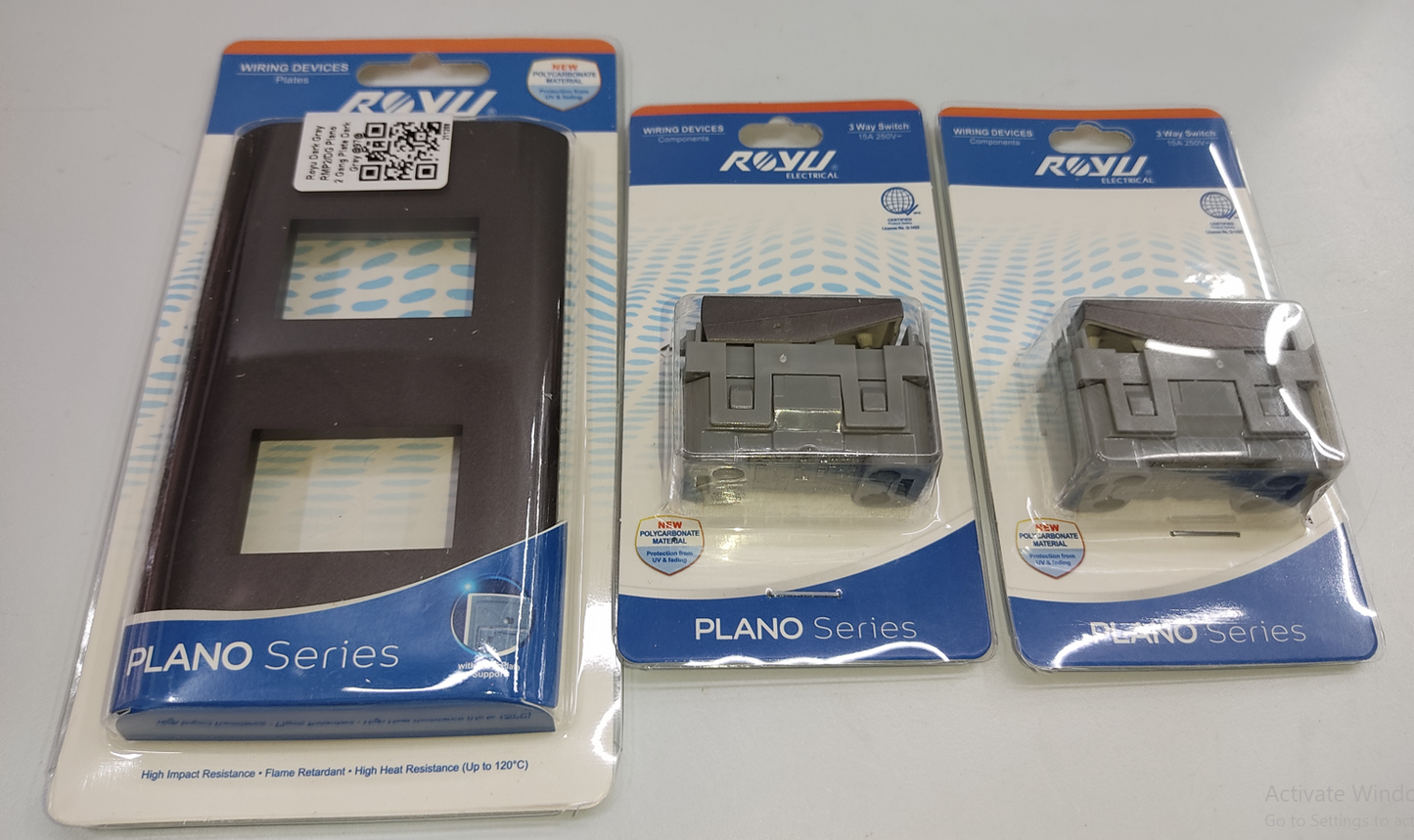 Royu 2 gang 3 way switch Plano Series with mounting frame and switch modules in retail packaging