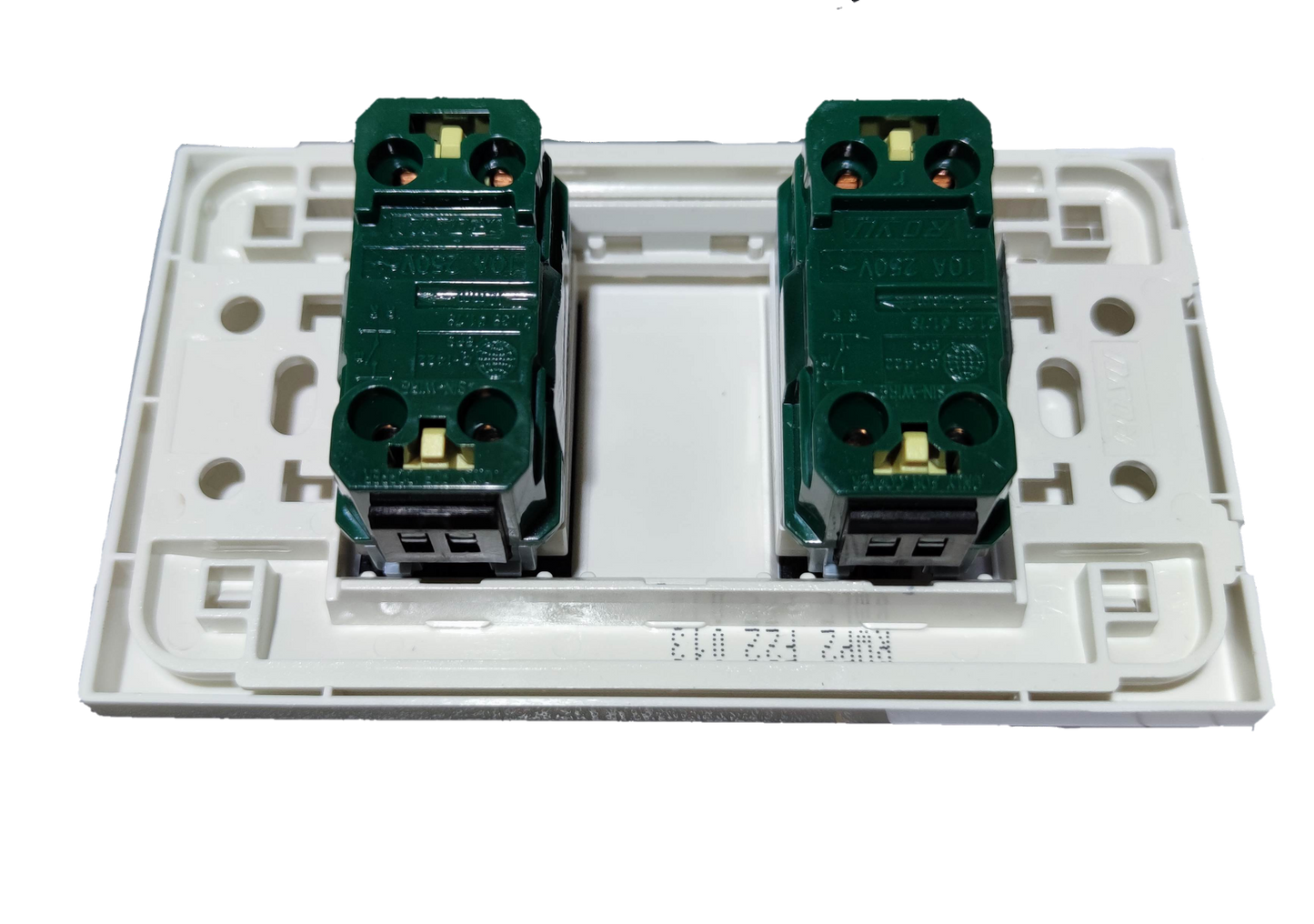 Back view of Royu 2 gang light switch showing wiring terminals and mounting plate