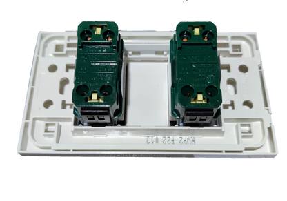 Back view of Royu 2 gang light switch showing wiring terminals and mounting plate