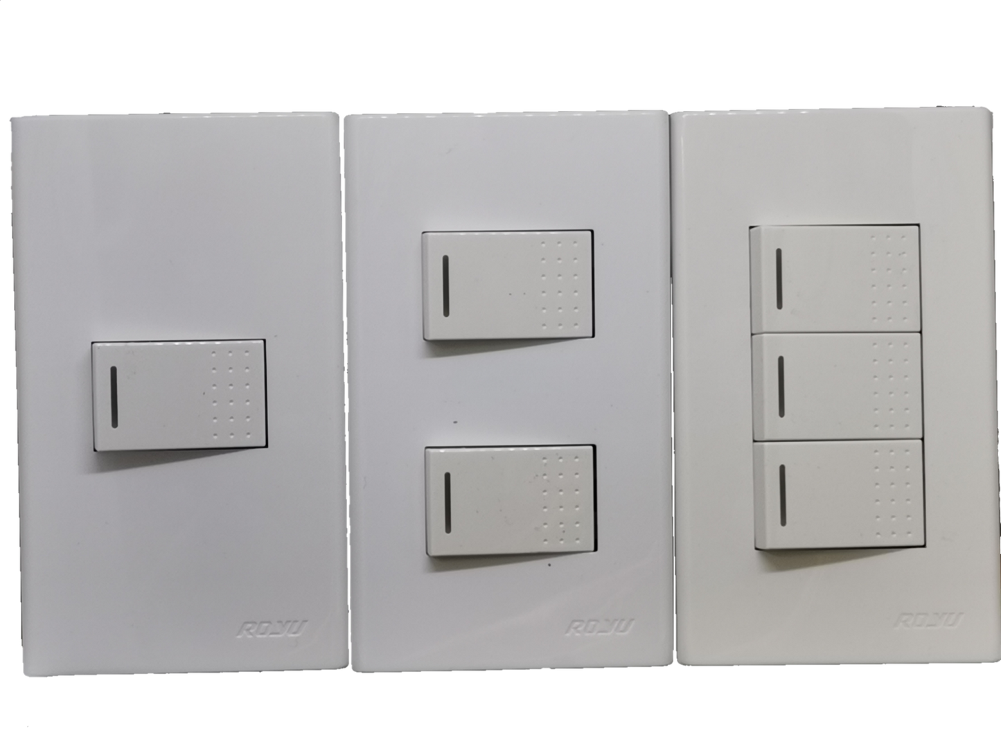 Royu 2 gang light switch with multiple switch configurations in white plastic panels