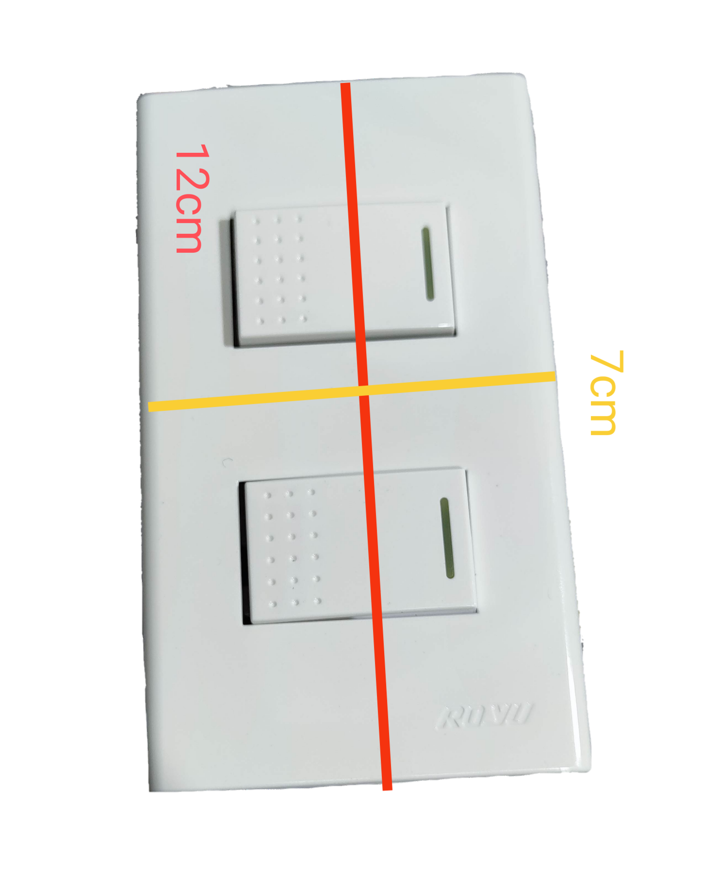 Royu 2 gang light switch with white rectangular design and indicator lights showing size dimensions