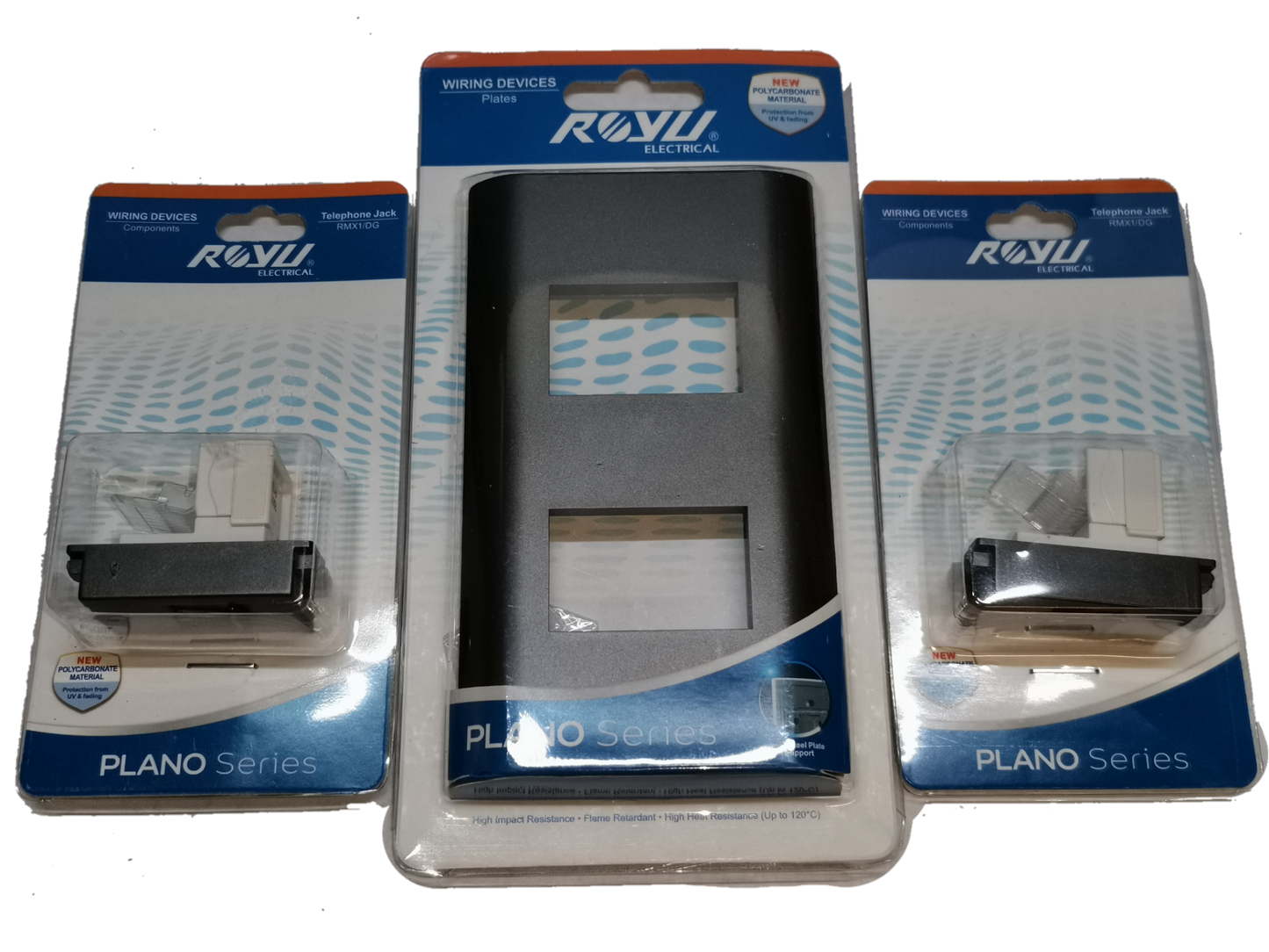 Royu 2 gang telephone outlet with wiring devices in Plano Series packaging for easy installation