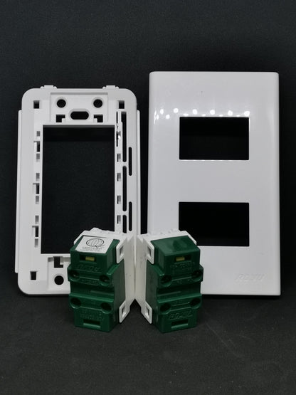 Royu 2 gang universal outlet with white frame and green electrical connectors for wiring