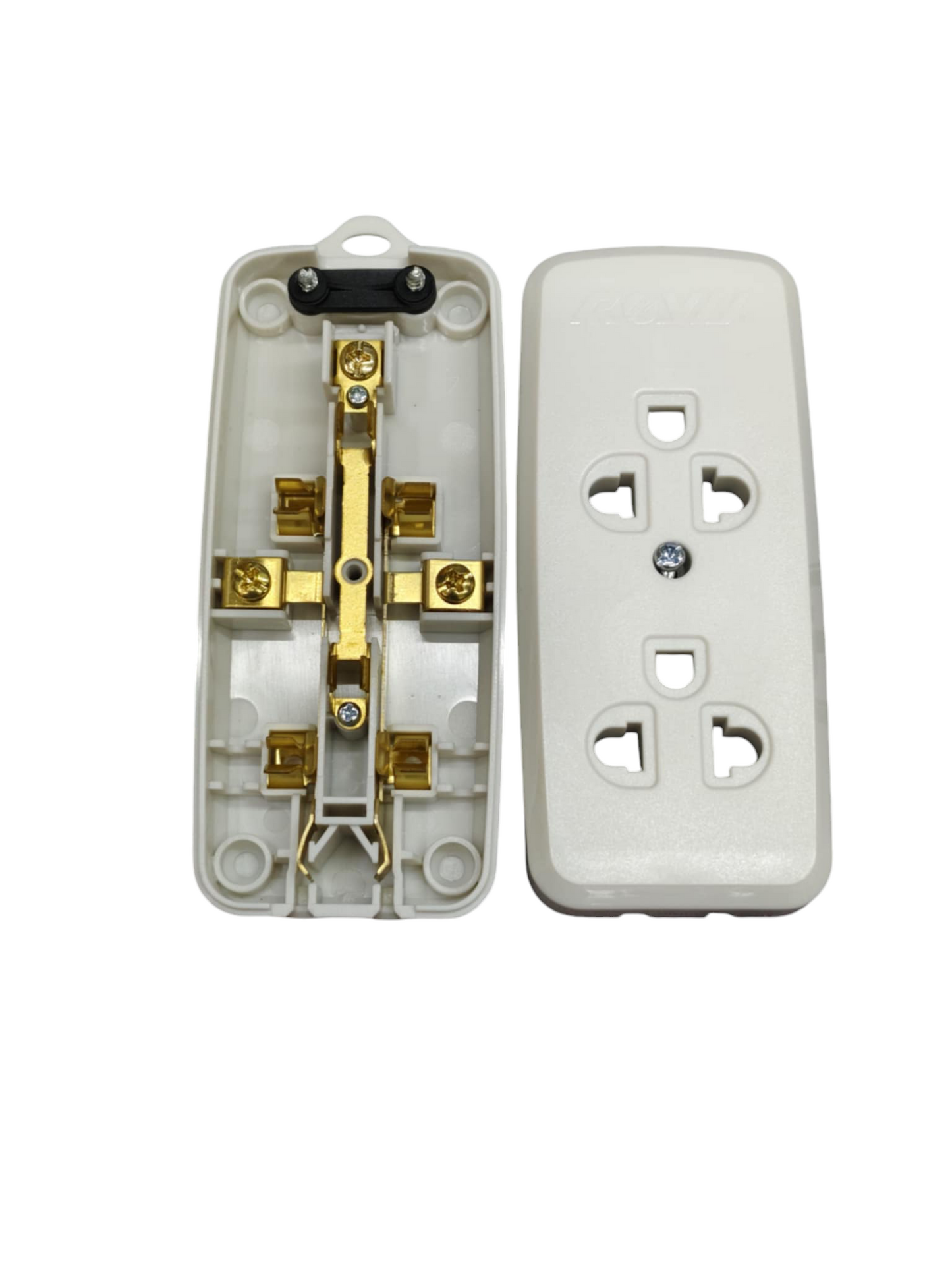 Royu 2 gang universal outlet with ground showing front cover and internal wiring components
