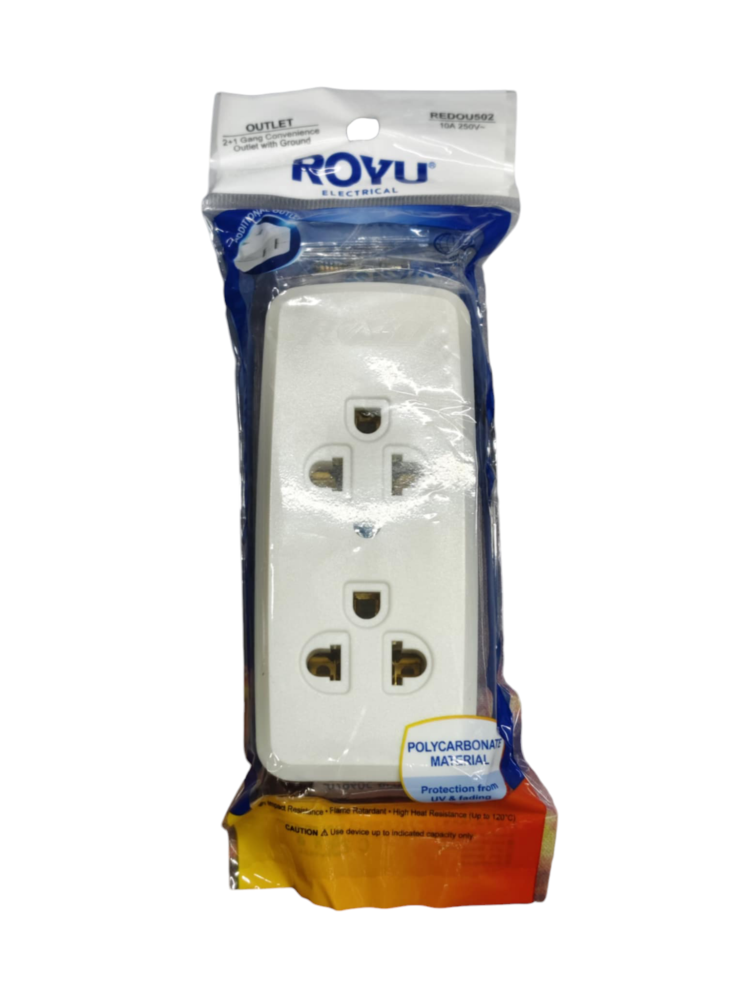 Royu 2 gang universal outlet with ground in white polycarbonate material packaged in plastic