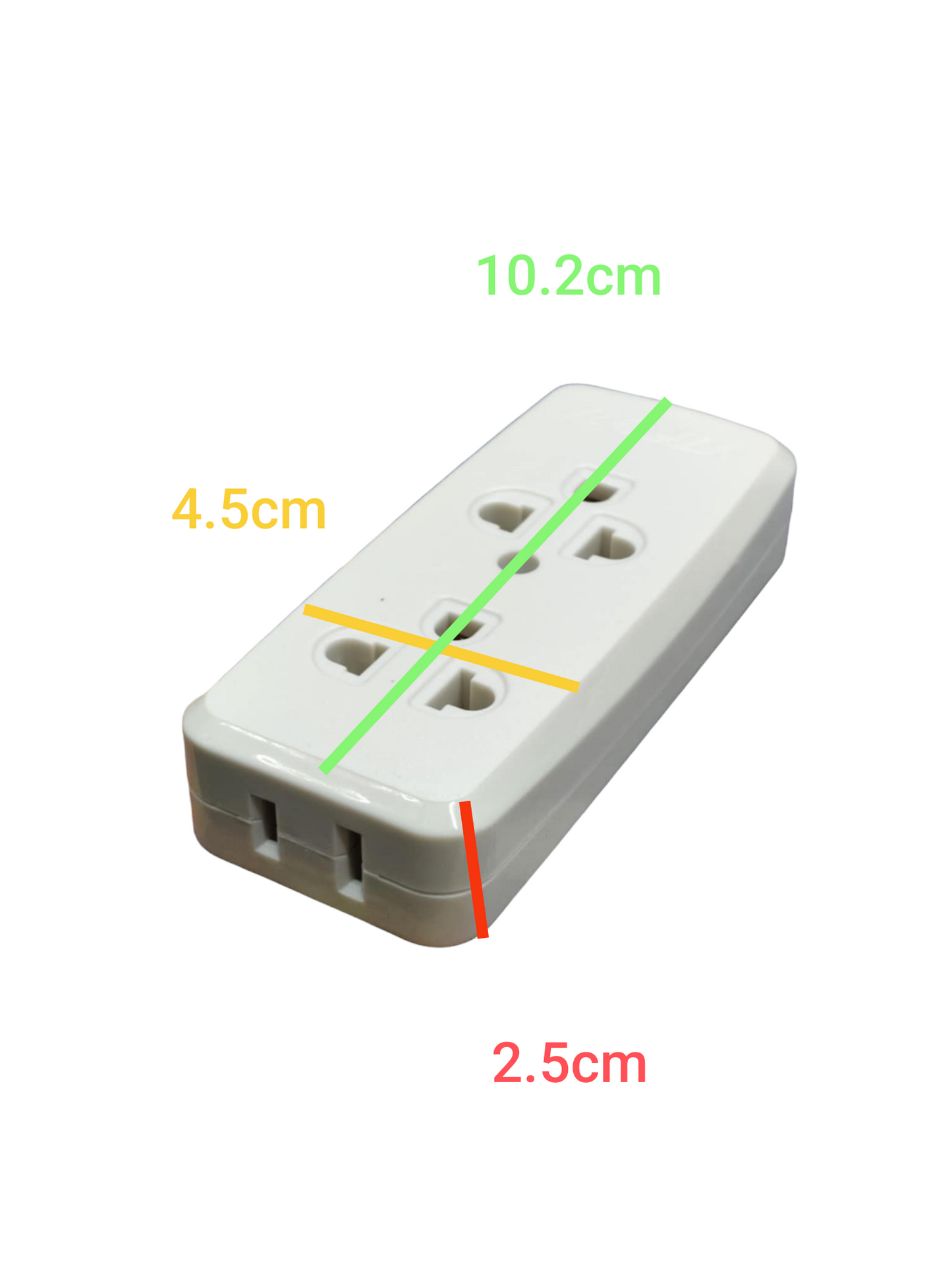 Royu 2 gang universal outlet with ground measuring 10.2 cm by 4.5 cm by 2.5 cm in white plastic