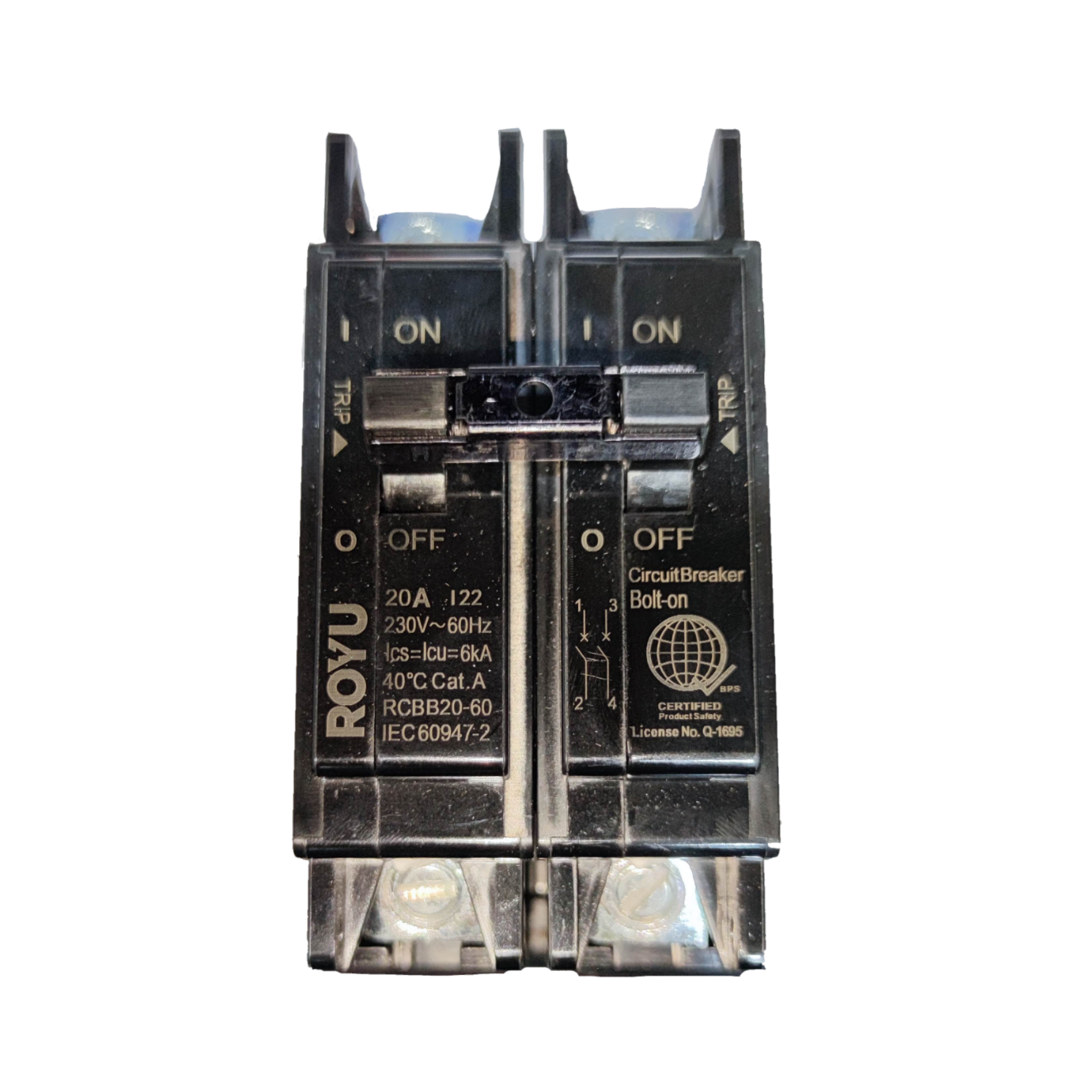 Royu 20A circuit breaker 2 pole RCBB20-60 with clear labeling for easy operation and installation