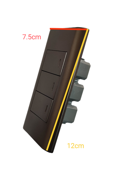 Royu 3 gang 1 way switch with sleek black design measuring 7.5cm by 12cm for wall mounting