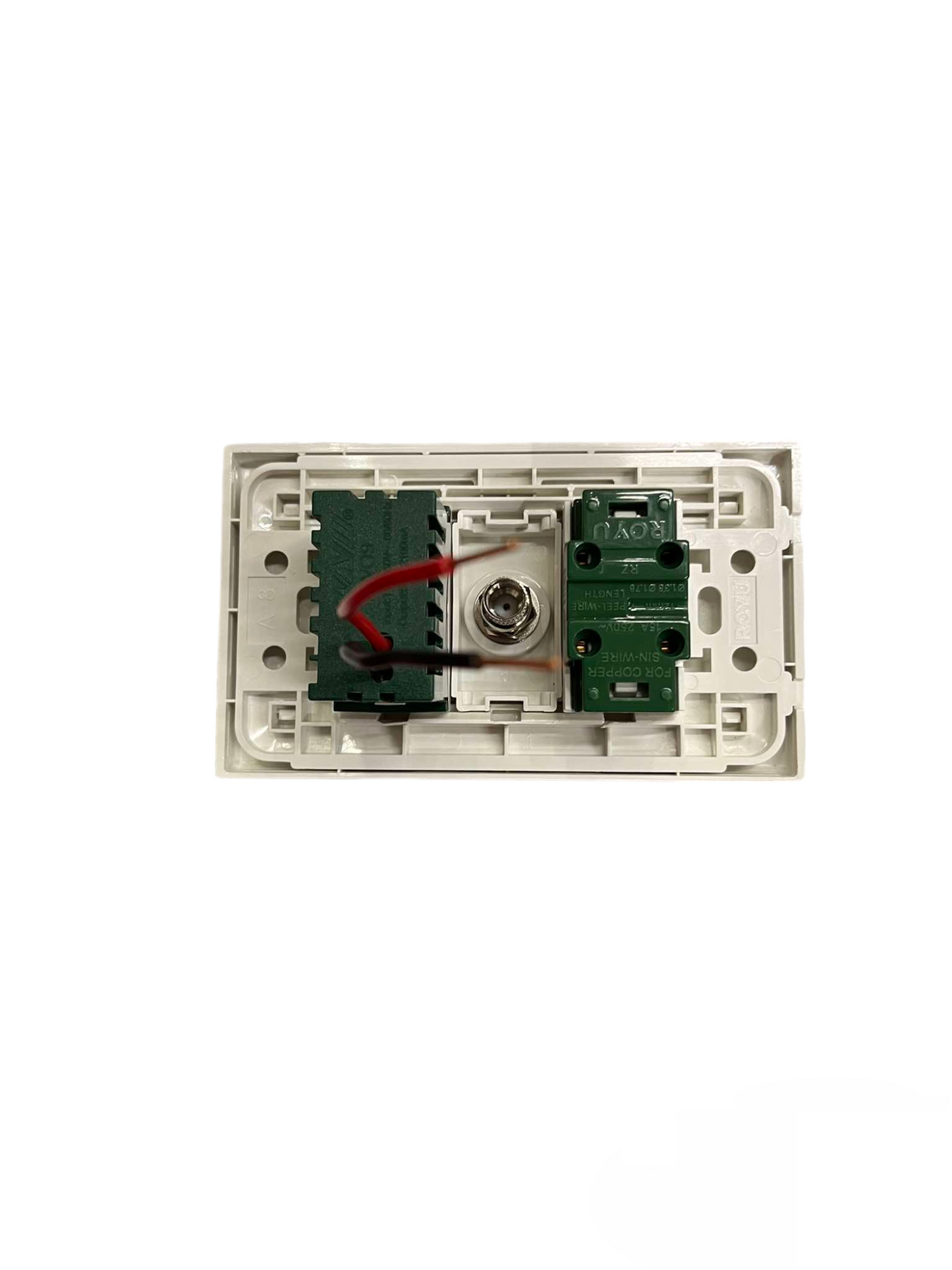 Royu 3 Gang 2 Port USB 2100mAh 5VDC white wall plate interior showing PCBs red wire and metal coax connector