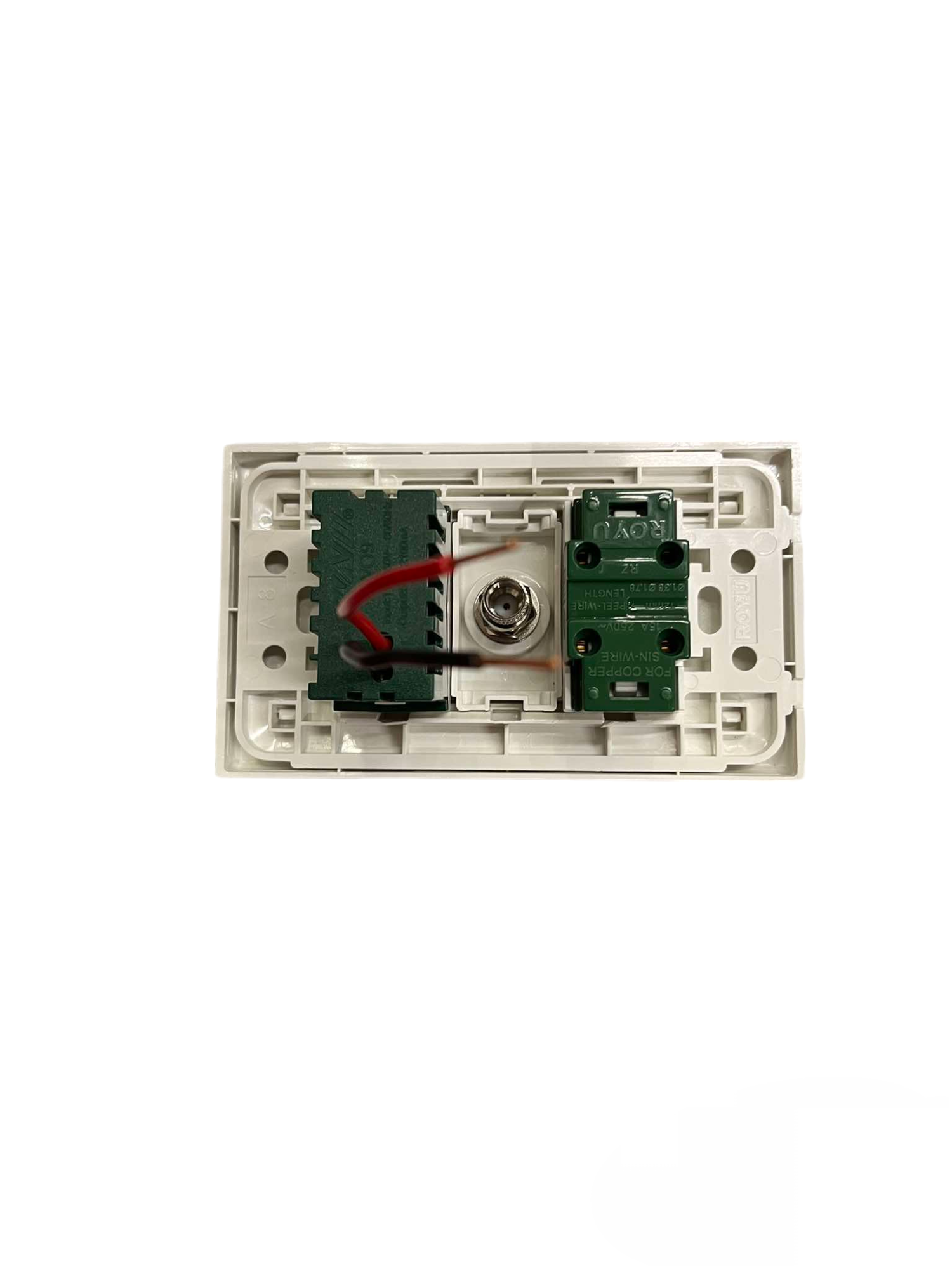 Royu 3 Gang 2 Port USB 2100mAh 5VDC white wall plate interior showing PCBs red wire and metal coax connector