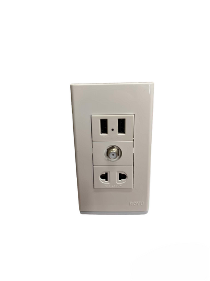 Royu white 3 gang wall plate with 2 AC sockets coax TV connector and 2 USB charging ports 3 Gang 2 Port USB 2100mAh 5VDC
