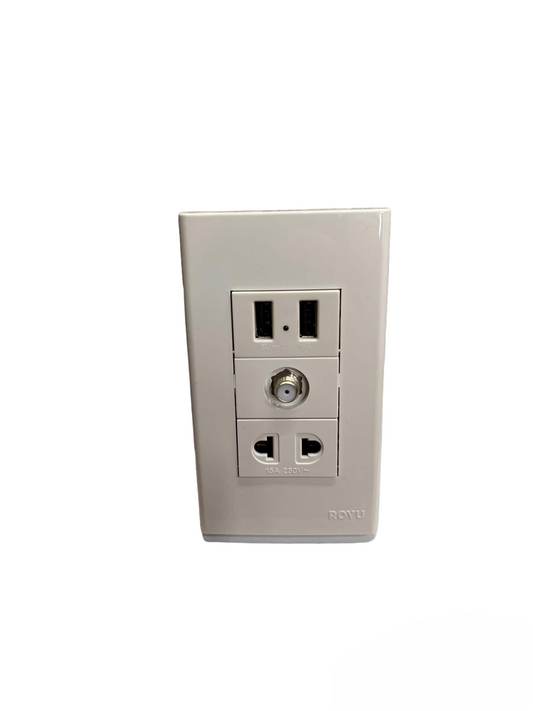 Royu white 3 gang wall plate with 2 AC sockets coax TV connector and 2 USB charging ports 3 Gang 2 Port USB 2100mAh 5VDC