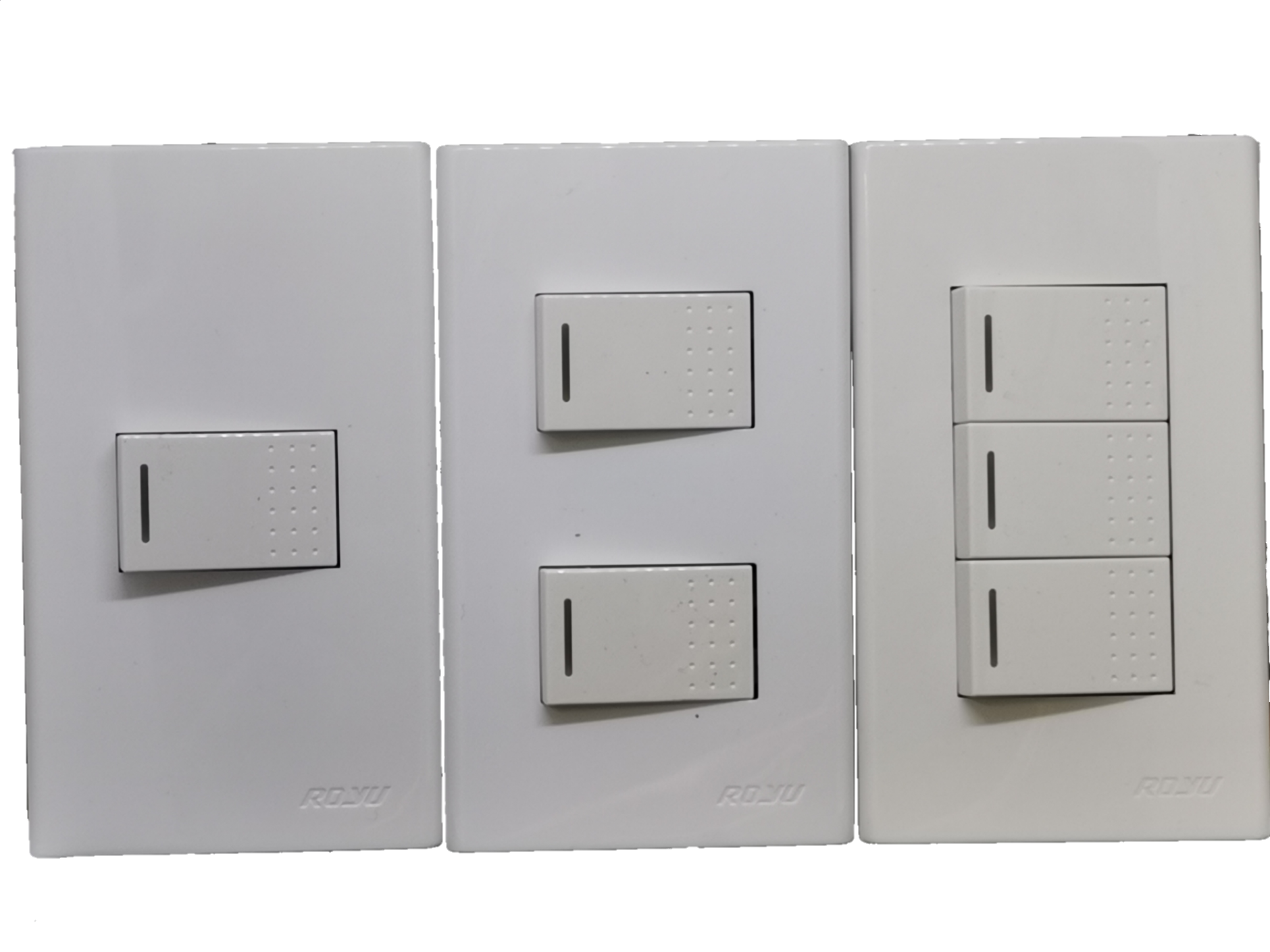 Royu 3 gang switch wall plate featuring single, double, and triple switches in white finish