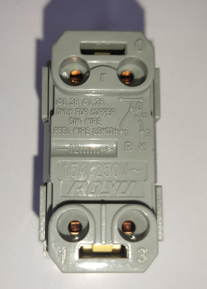 Royu 3 Way Switch Device Dark Gray modular switch module showing four copper terminals and wiring labels