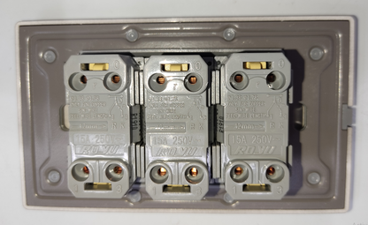 Royu 3 Way Switch with Plate Dark Gray Plano three gang switch mechanism rear view with terminals