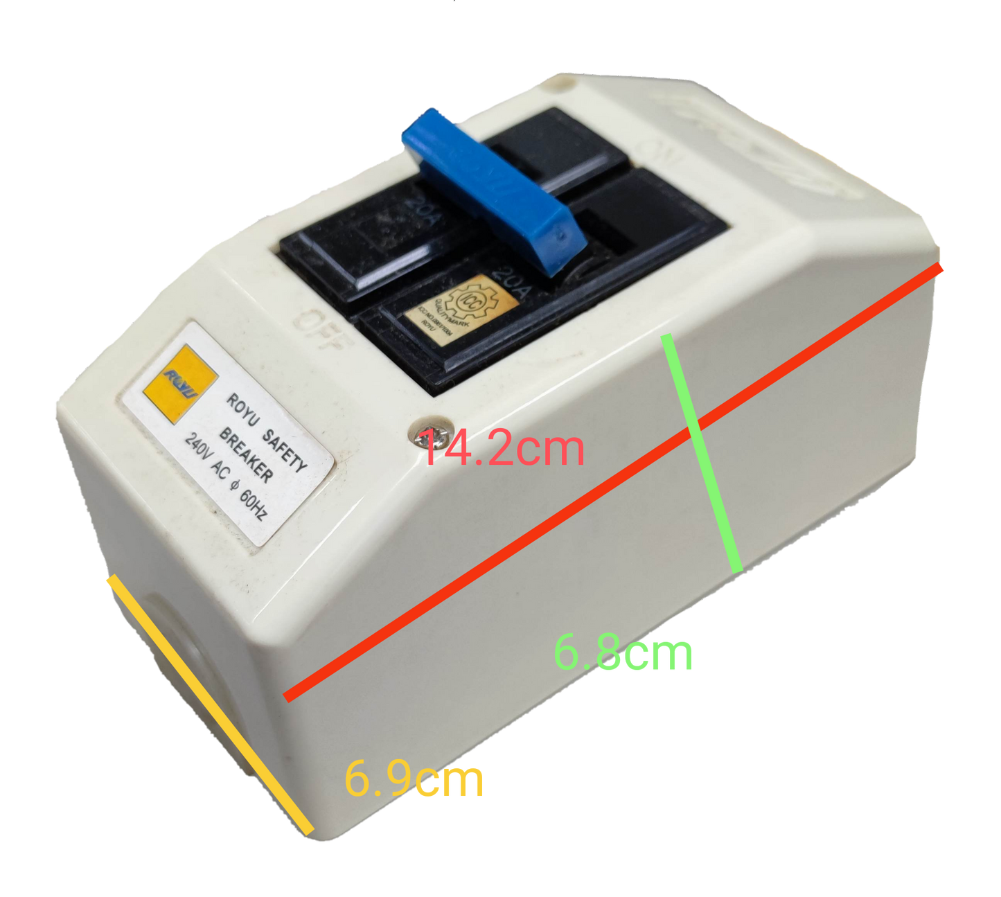 Royu electrical 30 Ampere 2P Breaker with PVC Enclosure . White PVC box with blue dual pole switch