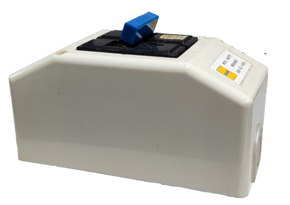 Royu 30 Ampere 2P Breaker with PVC Enclosure . White compact PVC box with black top and blue toggle switch