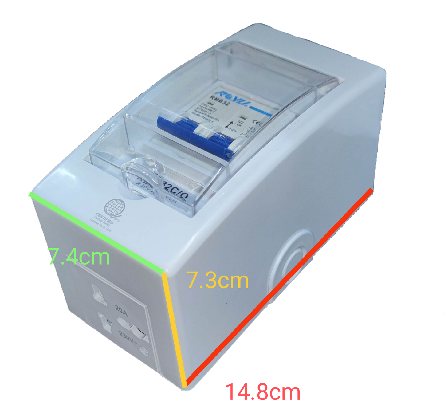 Royu white protective enclosure with clear cover showing 32A Circuit Breaker 220V 6KIAC compact 14.8 by 7.4 by 7.3 cm