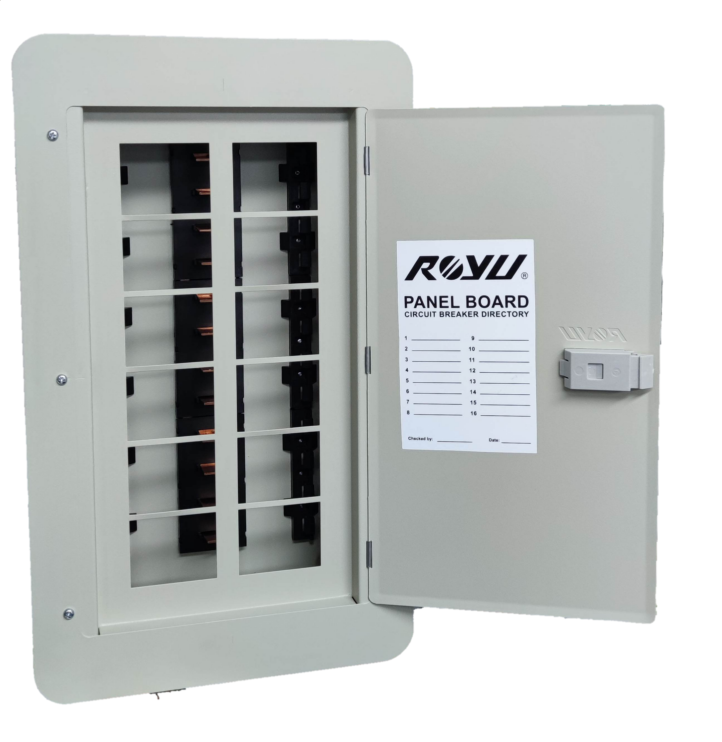 Royu 6x6 two pole plug in panel box electrical circuitry part with open gray metal door