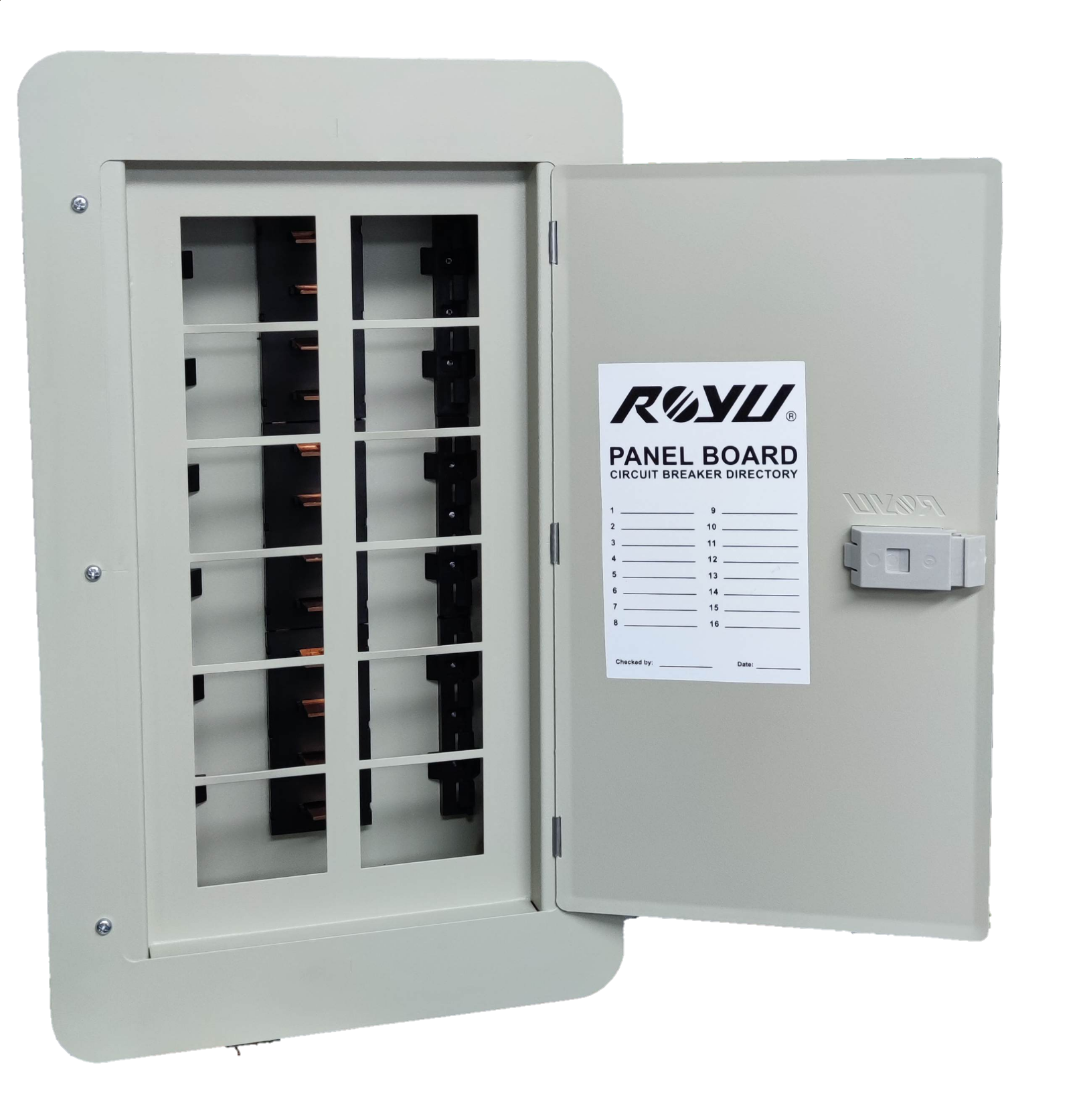 Royu 6x6 two pole plug in panel box electrical circuitry part with open gray metal door