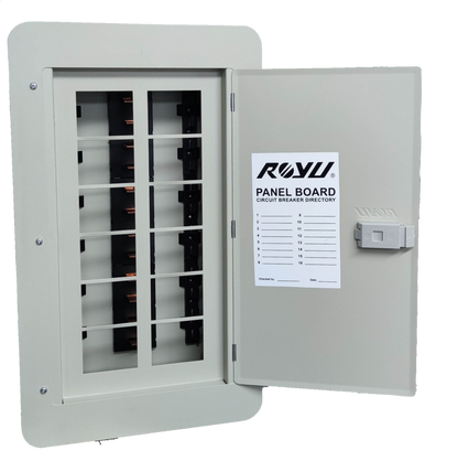 Royu 6x6 two pole plug in panel box electrical circuitry part with open gray metal door