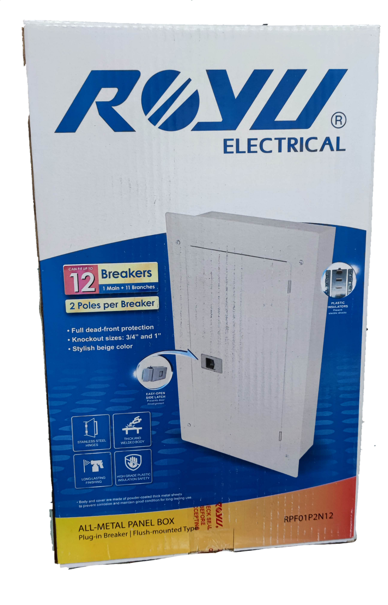 Royu 6x6 two pole plug in panel box with 12 breakers and full dead front protection in beige color