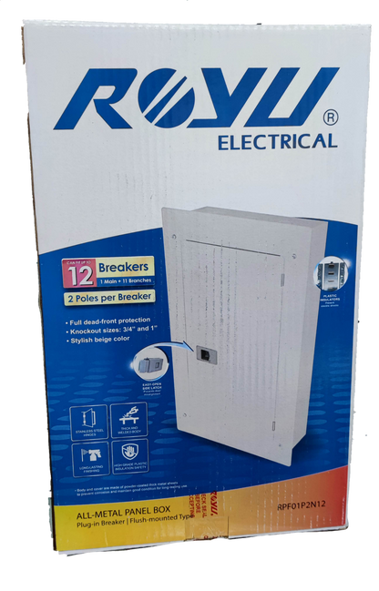 Royu 6x6 two pole plug in panel box with 12 breakers and full dead front protection in beige color