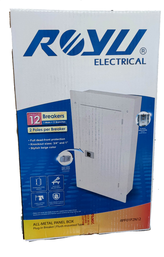 Royu 6x6 two pole plug in panel box with 12 breakers and full dead front protection in beige color