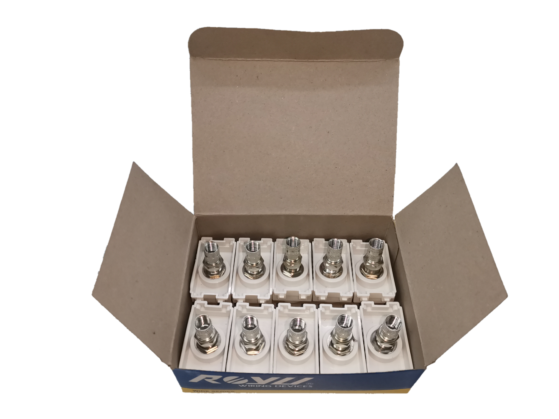 Royu cable TV outlet connectors in a cardboard box for electrical circuitry and parts
