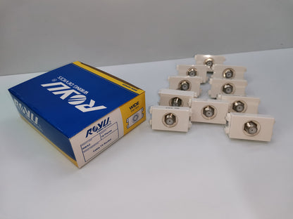 Royu cable TV outlet set with multiple white TV connectors and blue yellow Royu packaging box