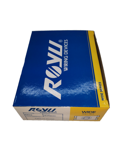 Royu cable TV outlet wiring device box with blue and yellow packaging for electrical circuitry