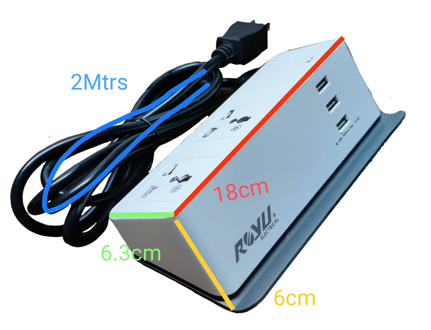 Royu Desk Extension Cord with 2 Gang featuring multiple outlets and USB ports with attached 2 meter power cable
