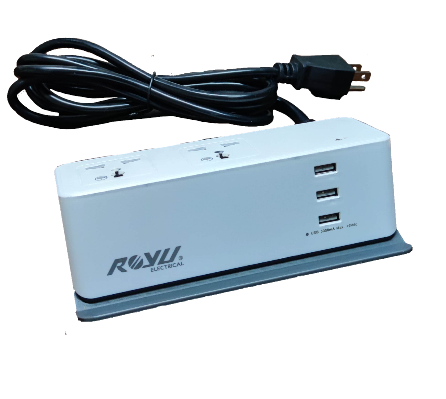 Royu Desk Extension Cord with 2 Gang featuring dual power sockets and three USB charging ports