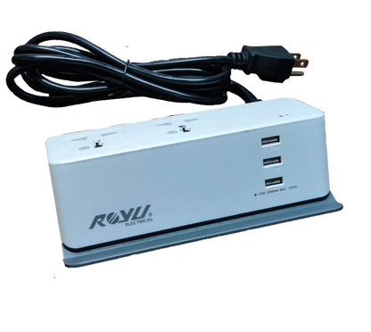 Royu Desk Extension Cord with 2 Gang featuring dual power sockets and three USB charging ports