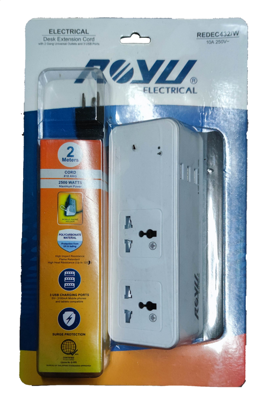Royu Desk Extension Cord with 2 Gang, 2 meters long with surge protection and USB ports