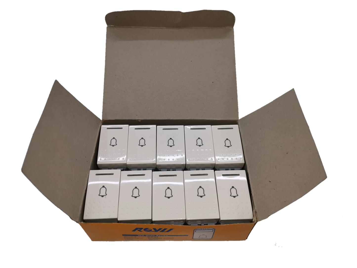 Royu Doorbell Switch RWS4 10pcs in a cardboard box with white switches featuring bell icons