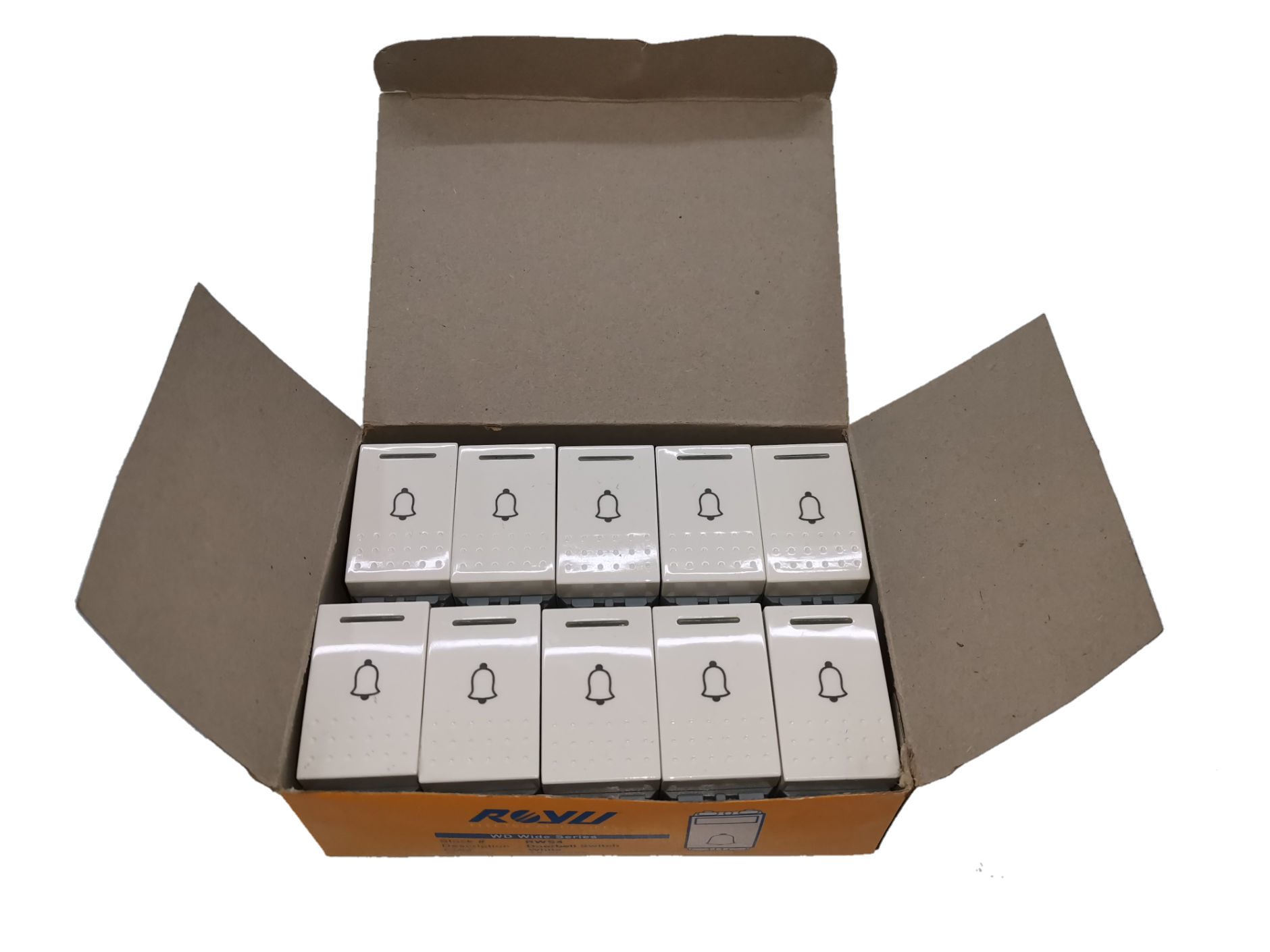 Royu Doorbell Switch RWS4 10pcs in a cardboard box with white switches featuring bell icons