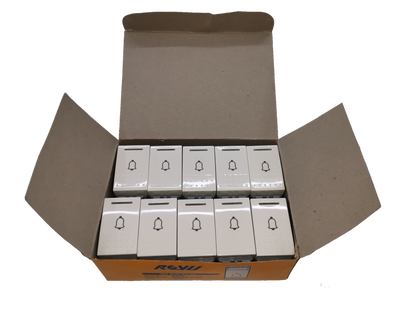 Royu Doorbell Switch RWS4 10pcs in a cardboard box with white switches featuring bell icons