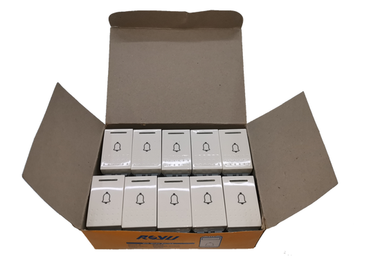 Royu Doorbell Switch RWS4 10pcs in a cardboard box with white switches featuring bell icons