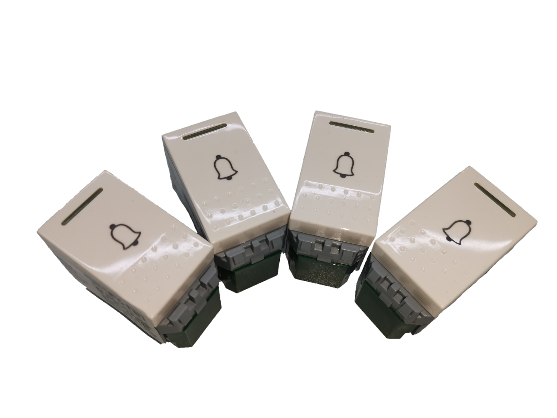 Royu Doorbell Switch RWS4 set of four white doorbell switches with bell icon and slot on black background